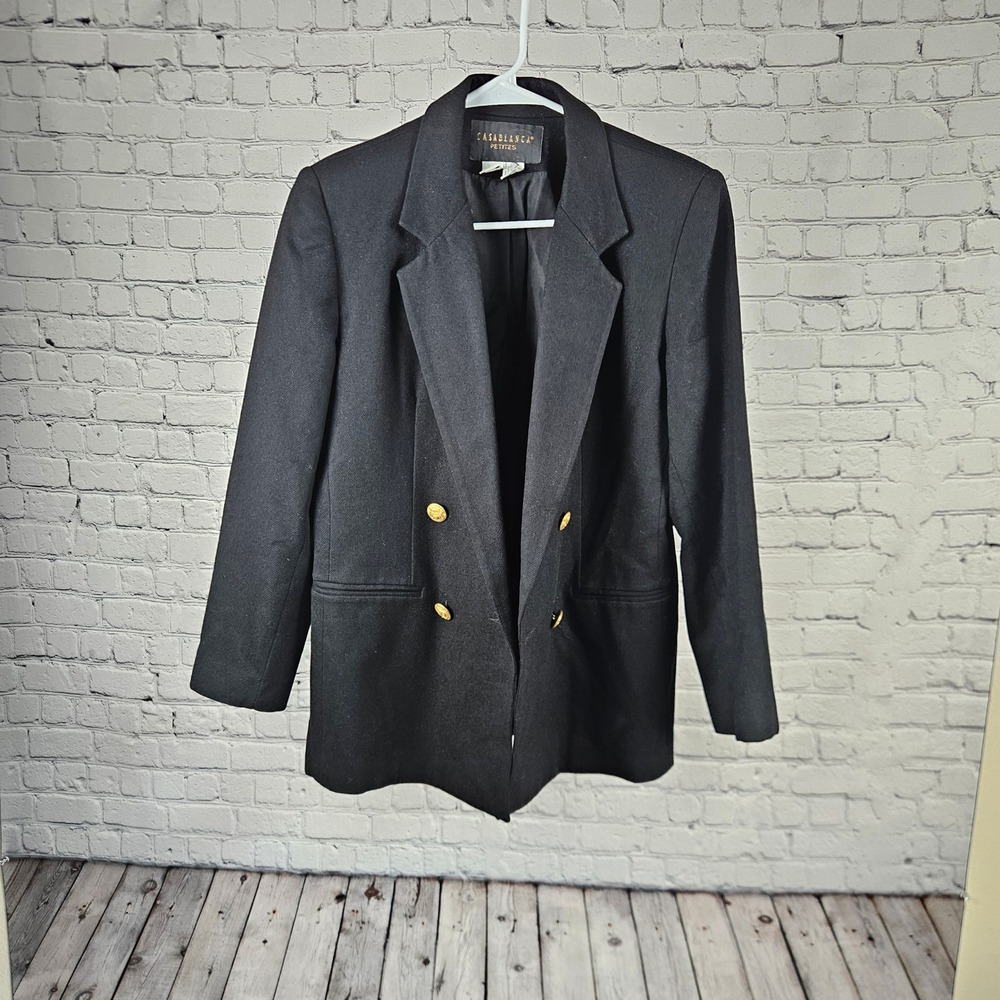 Casablanca Petites Black 100% Wool Double Breasted Blazer Gold Buttons Size 6P